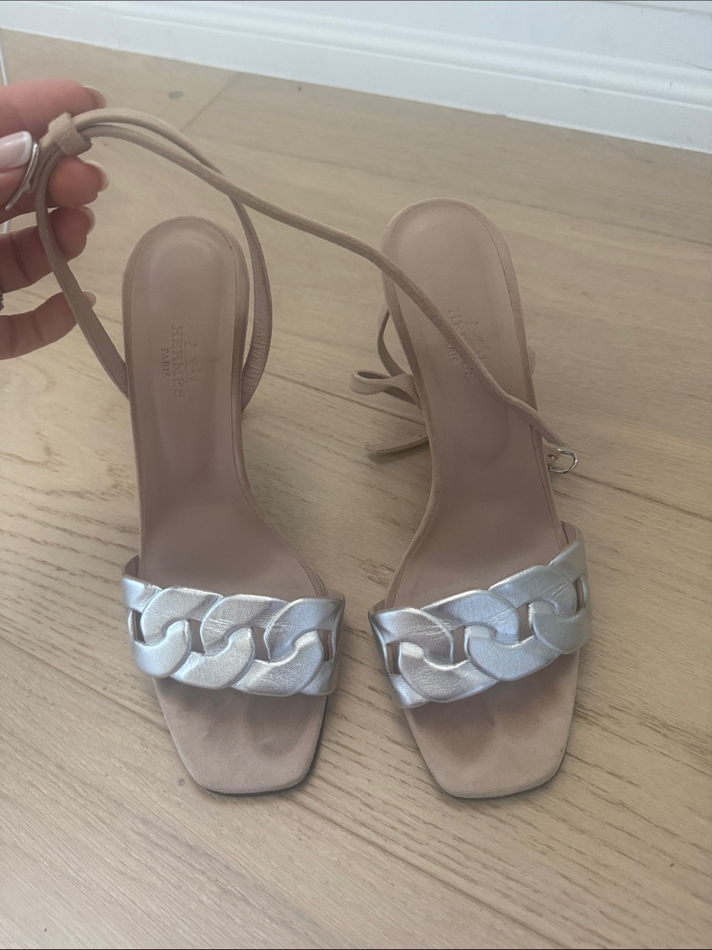 Hermes Silver Chain-Front Ankle-Tie Sandal